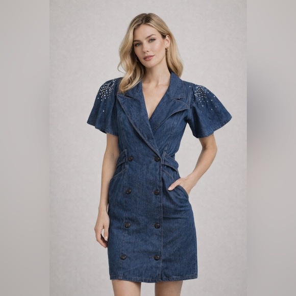 Vintage Rickie Freeman for Teri Jon Blue Denim Double-Breasted Dress